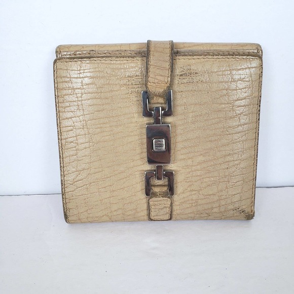 Gucci Handbags - GUCCI GG Jackie Canvas Leather Wallet Medium Bifold Tan Beige Designer
